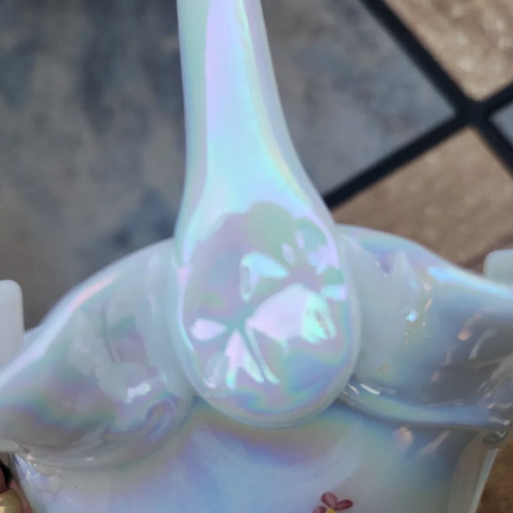 Fenton White Carnival Glass Opalescent Handpainted Basket Signed By Artist